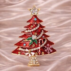 Red Christmas Tree Rhinestone Brooch – Festive Holiday Gift